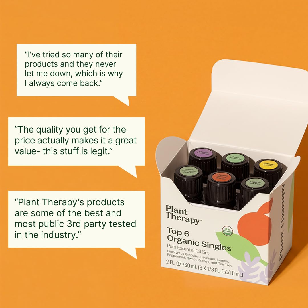 Plant Therapy Top 6 USDA Organic Essential Oil Set - Lavender, Peppermint, Eucalyptus, Lemon, Tea Tree 100% Pure, Natural Aromatherapy, for Diffusion & Topical Use, Therapeutic Grade 10 mL (1/3 oz)