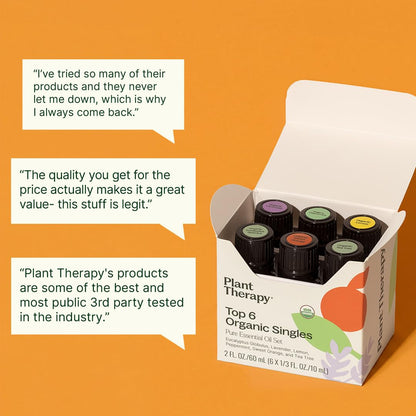 Plant Therapy Top 6 USDA Organic Essential Oil Set - Lavender, Peppermint, Eucalyptus, Lemon, Tea Tree 100% Pure, Natural Aromatherapy, for Diffusion & Topical Use, Therapeutic Grade 10 mL (1/3 oz)