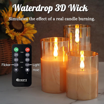 LEDHOLYT Rechargeable Flameless Glass Pillar Candles–Gifts for Women,–Set of 3, Realistic Flickering LED Flame,Remote & Timer, Ideal for Living Room, Bedroom & Halloween Festival Home Party Decor