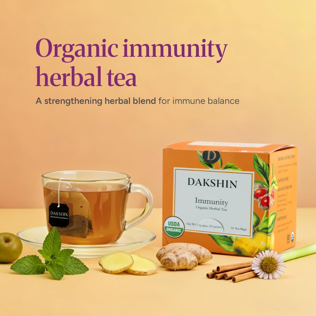 DAKSHIN Organic Immunity Tea Bags | Ashwagandha, Amalaki, Echinacea, Tulsi & Guduchi | Ayurvedic Daily Wellness Tea | Caffeine-Free | USDA Organic | 16 Tea Bags
