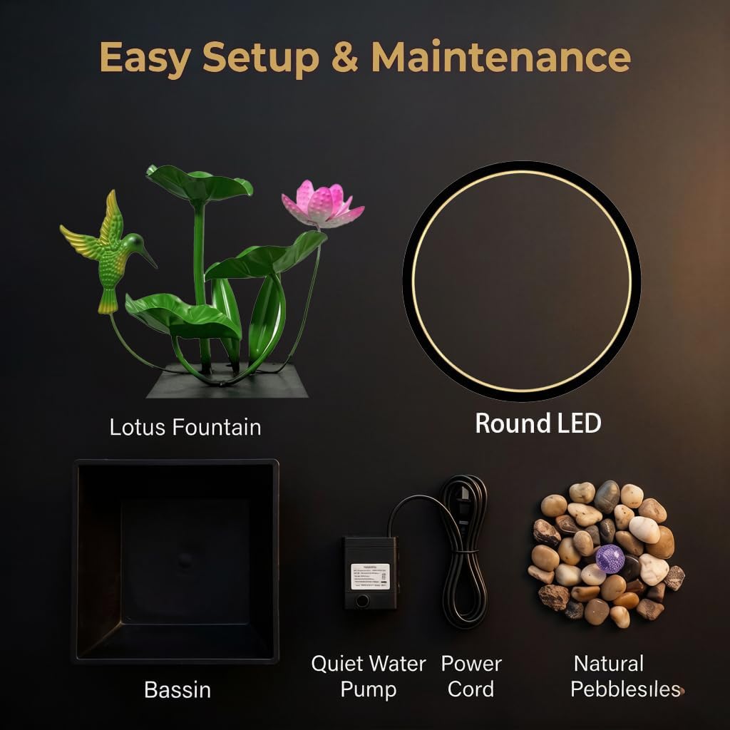 Tabletop Fountain,Indoor Water Fountain,Home Fengshui Décor Zen Relaxation Soothing Sound Machine for Office,Living Room,or Bedroom,Green Lotus,Hummingbird & Pink Flower,9.1inch
