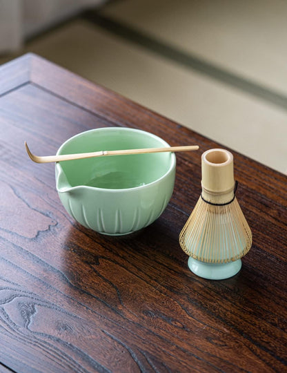 TANG PIN Matcha Set - Match Bowl and Whisk, 15 OZ, Matcha Scoop | Matcha Whisk Stand (Chasen Holder) - 5pc Perfect Matcha Kit for Matcha Tea Ceremony (Mottled Green)