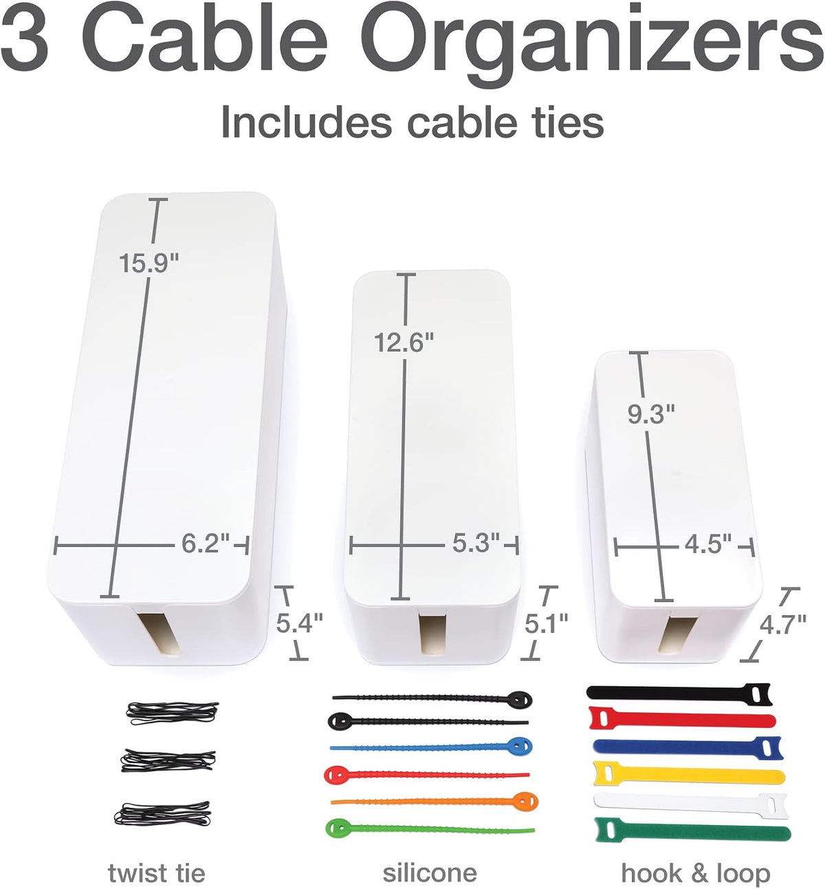 Oxford Cable Management Box, 3 Pack Small Medium Large, Cord Hider, White