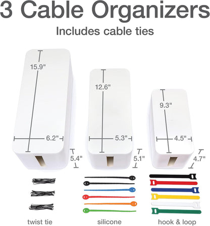 Oxford Cable Management Box, 3 Pack Small Medium Large, Cord Hider, White
