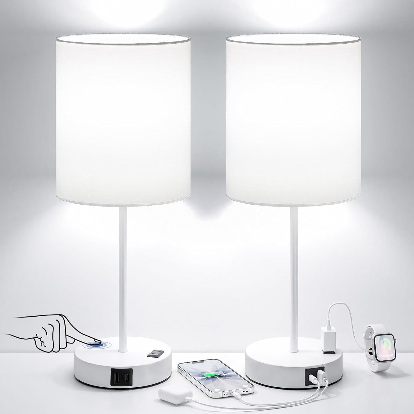 Blue Touch Lamps for Nightstand Set of 2 - Bedside Table Lamp for Bedroom with Dual USB Ports & AC Outlet, 3-Way Dimmable Lamps for Living Room Boys Room, Night Light with 5000K Daylight Bulbs