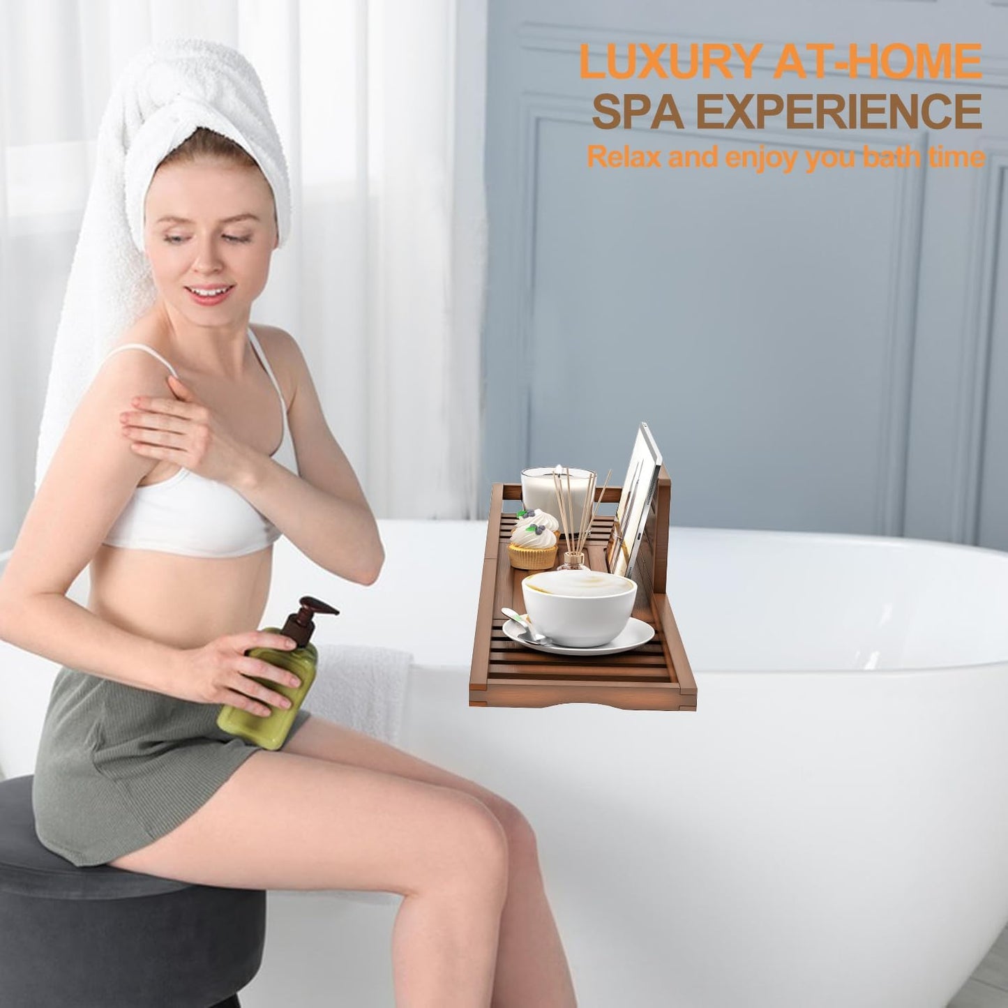 Bathtub Tray Caddy - Bath Tray - Bath Tub Table Tray Caddy - Bamboo Bath Tray for Tub