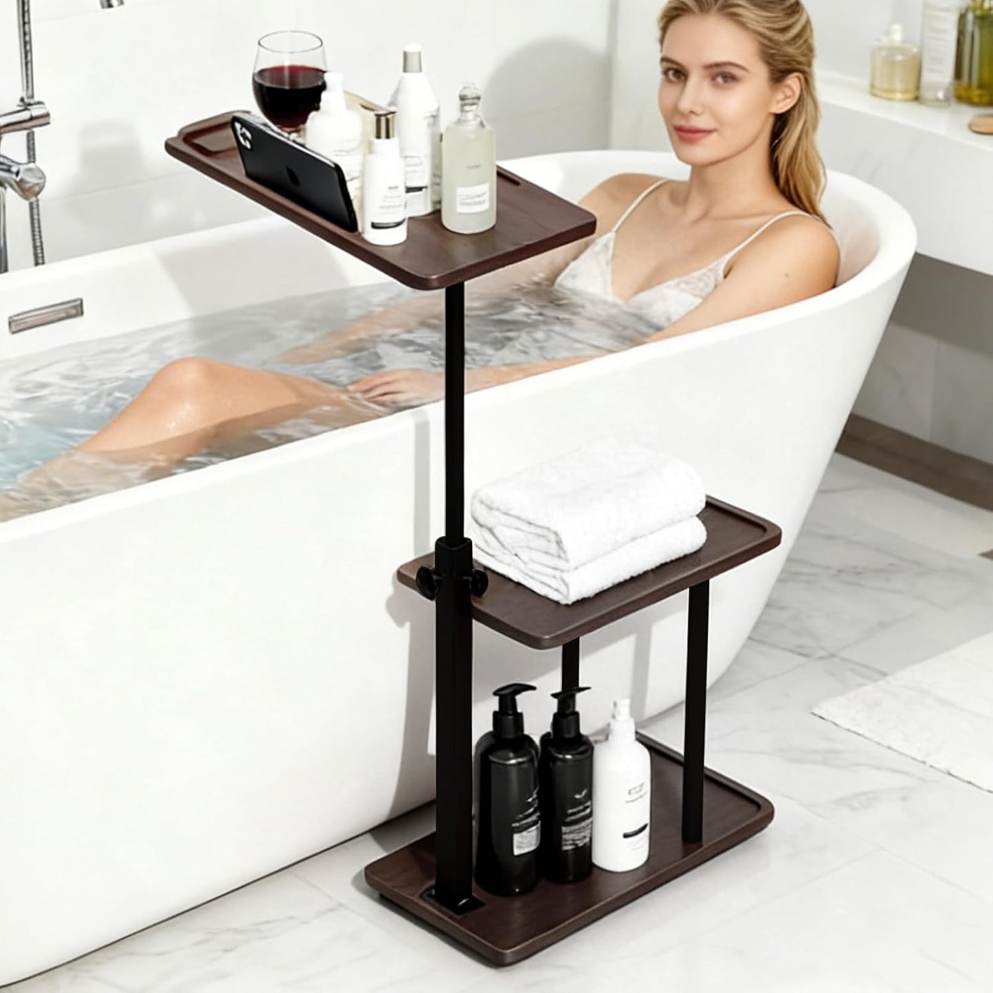 3 Layer Bathtub Tray Table,Bamboo Swivel Bathtub Side Table Height Adjustable,Freestanding Bathtub Tray for Tub Against Wall,Bathtub Accessories&Bathroom Organizer for Luxury Home Spa (Black)