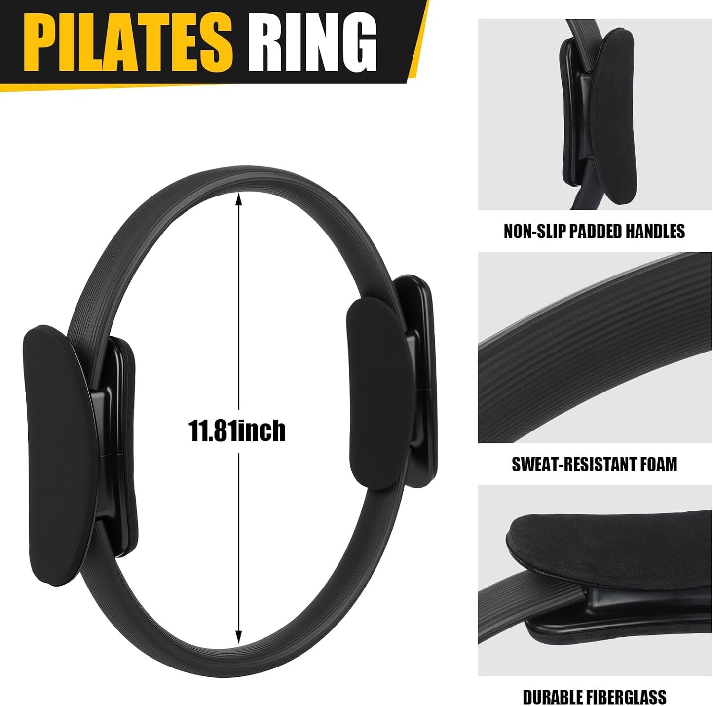 Silipull 18 Pcs Pilates Ring and Ball Set Pilates Equipment for Home Workout 11.8 Inch Magic Circle Rings with Padded Handles, Small Yoga Balls for Strength, Fitness, Toning and Flexibility, Black