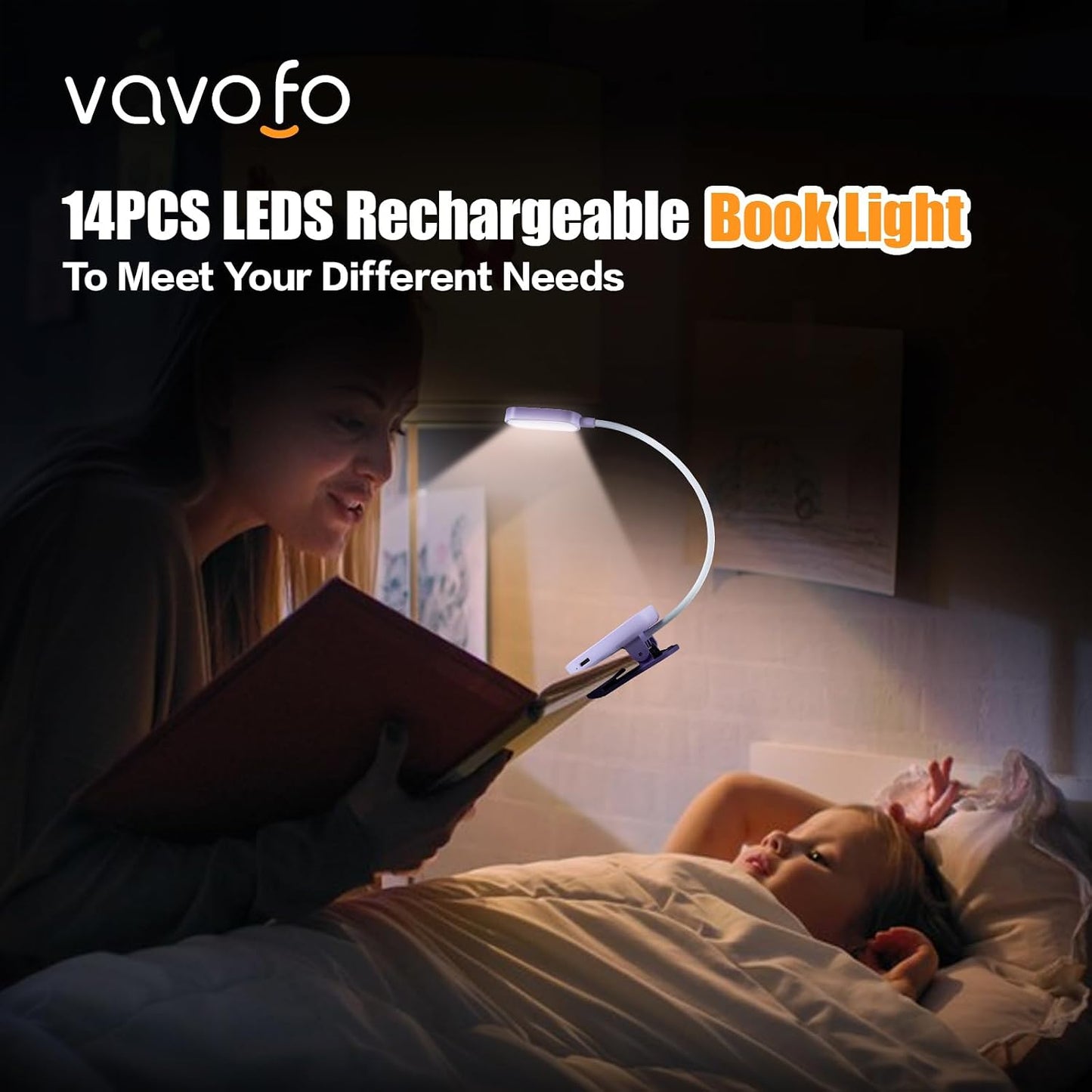 VAVOFO Rechargeable Book Light, 14 LEDs Eye Care Clip On Amber Reading Light for Bookworms Reading in Bed with 9 Colors 9 Brightness (White-Blue)