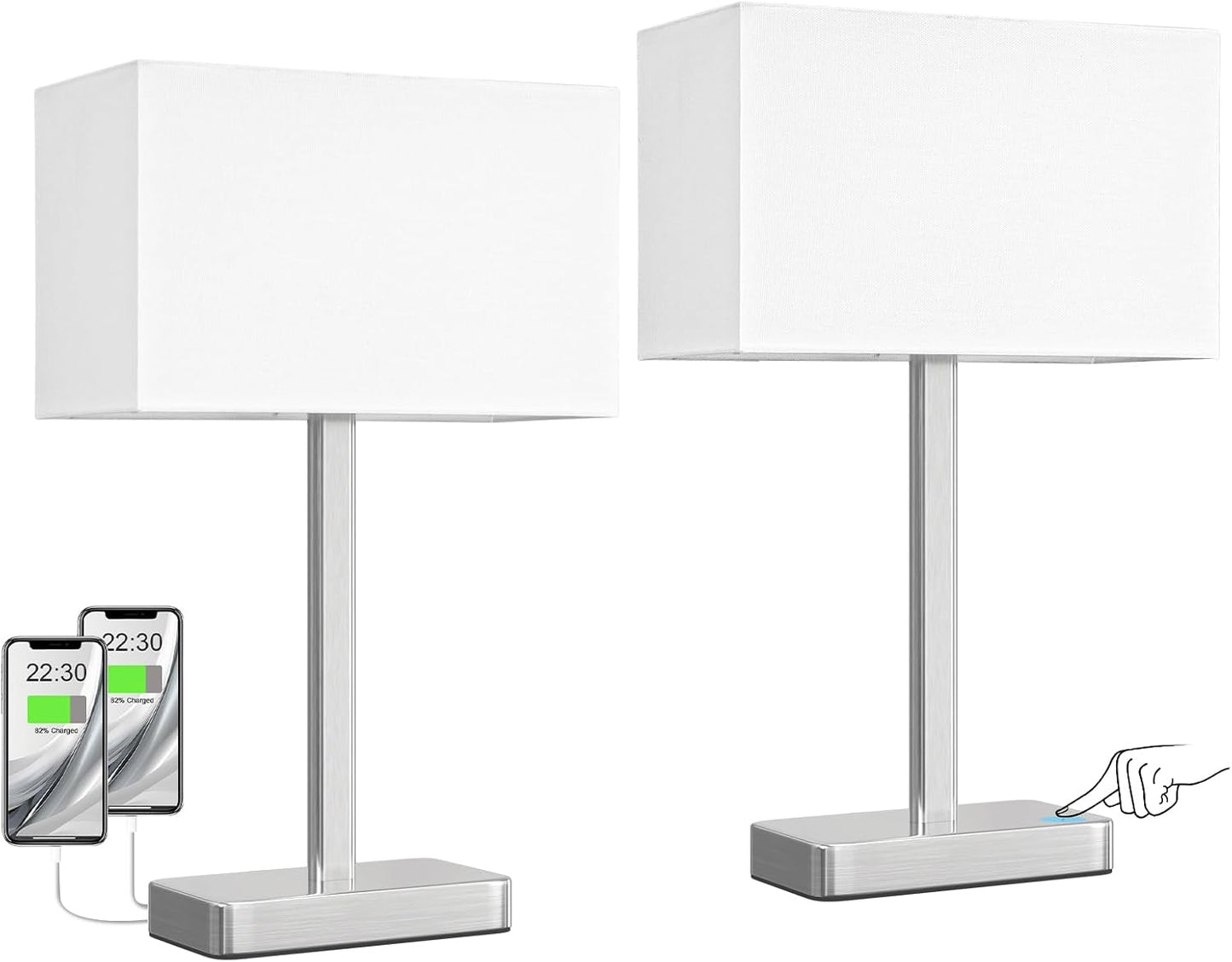 Hong-in Touch Lamps for Bedroom - 3-Way Dimmable Bedside Lamps Set of 2 with USB C+A, Grey Modern Table Lamp for Night Stands, Desk Lamp for Living Room Nightstand End Tables Bed Side