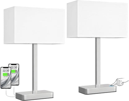Hong-in Touch Lamps for Bedroom - 3-Way Dimmable Bedside Lamps Set of 2 with USB C+A, Grey Modern Table Lamp for Night Stands, Desk Lamp for Living Room Nightstand End Tables Bed Side
