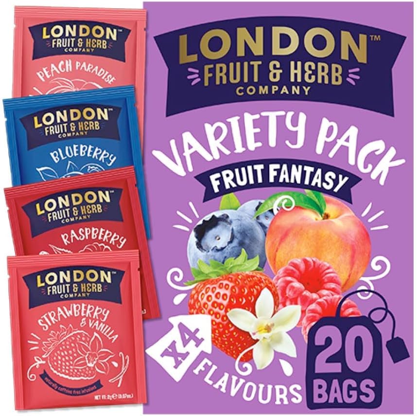 London Fruit & Herb Fruit Fantasy Teabags - Blueberry, Raspberry, Strawberry & Vanilla - 20 Teabags - Kosher, Caffeine Free