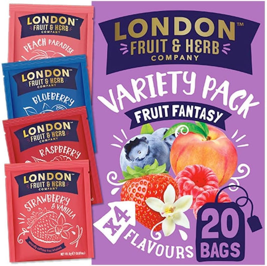 London Fruit & Herb Fruit Fantasy Teabags - Blueberry, Raspberry, Strawberry & Vanilla - 20 Teabags - Kosher, Caffeine Free