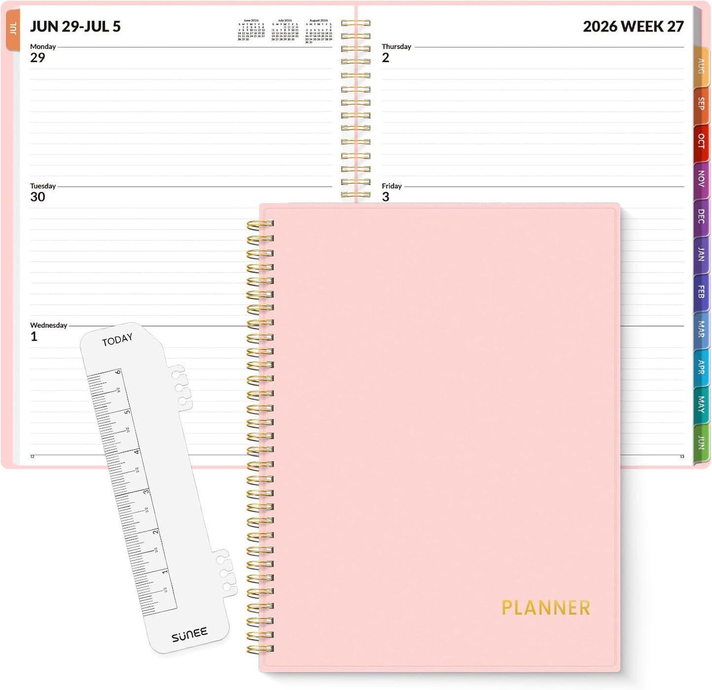 SUNEE Academic Planner 2026-2027 – Weekly & Monthly Planner, July 2026 to June 2027, 6.4"x8.3", Thick Paper, Tabs, Pockets, Bookmark, Spiral-Bound, Student Teacher Organizer, Black
