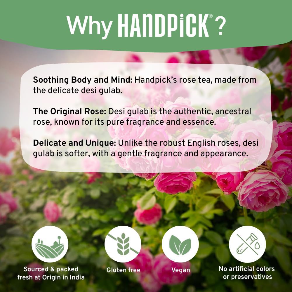 HANDPICK, Rose Buds Herbal Tea Bags - 50 Count | Caffeine Free Rose Tea with Chamomile & Tulsi | Floral & Smooth | Round Eco-conscious Tea Bags