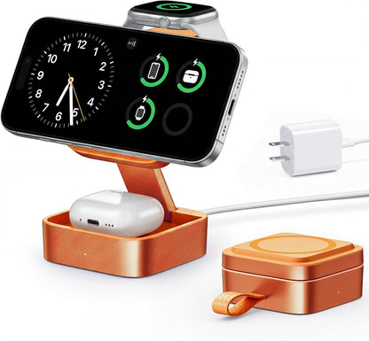 3 in 1 Wireless Charging Station for Apple Devices, Magnetic Foldable Travel Fast Charger Stand Compatible with MagSafe for iPhone 18/Air/17/16/15/14/13/12 Series, Apple Watch & AirPods Pro/4/3/2