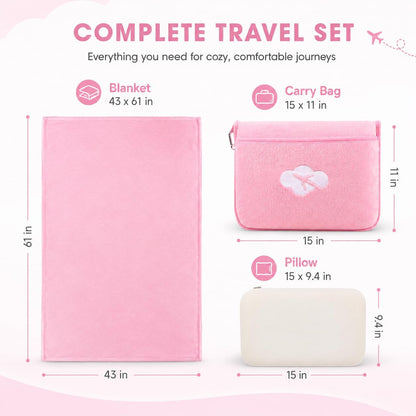Blanket Pillow for Airplane Travel Essentials - 3 In 1 Travel Blanket and Pillow Set for Women Gifts, Plane Compact with Bag for Long Flight, International Traveler Must Haves Flying Accessories（Pink）