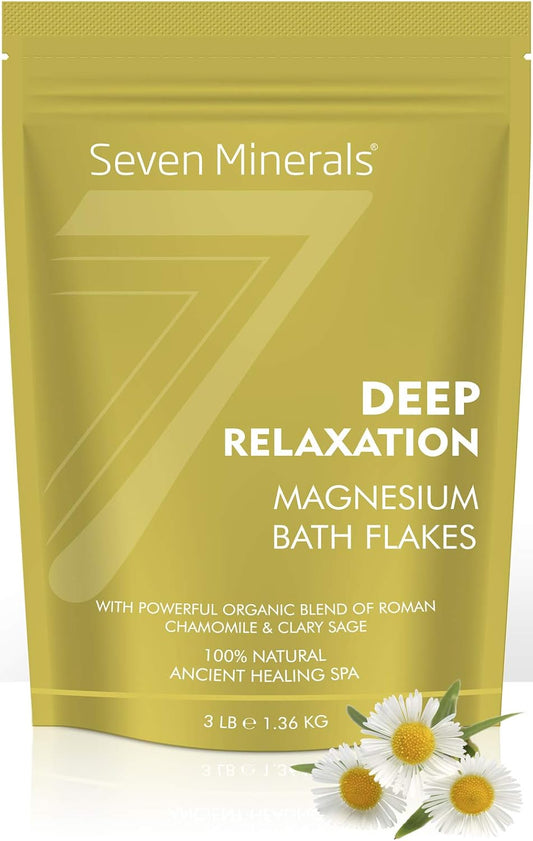 Seven Minerals Deep Relaxation Magnesium Chloride Flakes 3lb – Absorbs Better Than Epsom Salt - Unique Full Bath Soak Formula for Stress and Relaxing with Roman Chamomile & Clary Sage