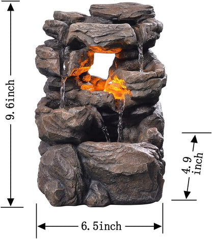 Cascading Indoor Tabletop Water Fountains with LED Light - Rockery Waterfall Fountain - Quiet and Relaxing Water Sound - Small 9.7 Inch Desktop Size - Home/Office Decor