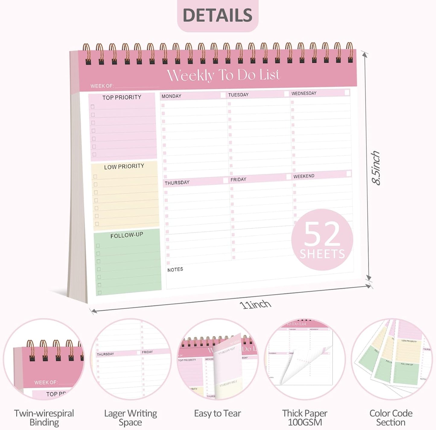 Weekly To Do List Notepad, 52 Sheets, Undated Weekly Planner, Letter Size | 8.5"x11", 100GSM, Thick Paper, Twin-Wire Spiral Bound, Tear Off Desk Pad, For Women & Man, Home School & Office Work