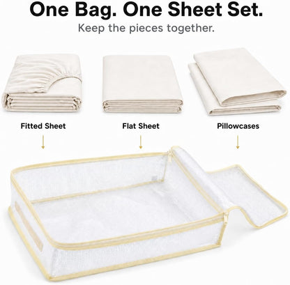Clear Bed Sheet Organizer Bags, 3 Pack Sheet Storage Bags for Linen Closet, Zippered Bedding Set Organizers for Fitted Sheets, Flat Sheets & Pillowcases, Fits Most Queen/King Sets