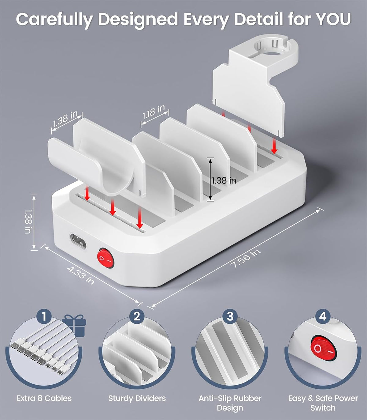 95W USB Charging Station for Multiple Devices 6-Port Charger Organizer Dock