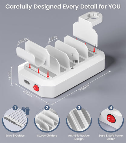 95W USB Charging Station for Multiple Devices 6-Port Charger Organizer Dock