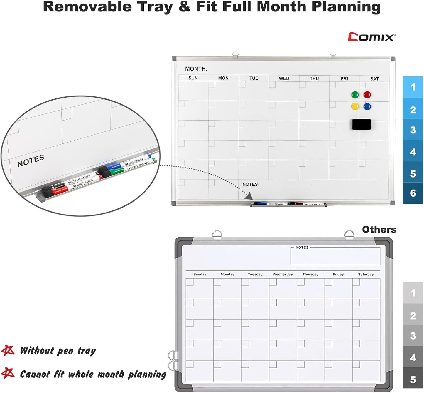 Comix Magnetic Dry Erase Calendar Whiteboard, 24 x 18 Inches Monthly Calendar Dry Erase Board for Wall, Aluminum Frame Planner White Board with Markers, Eraser, Magnets