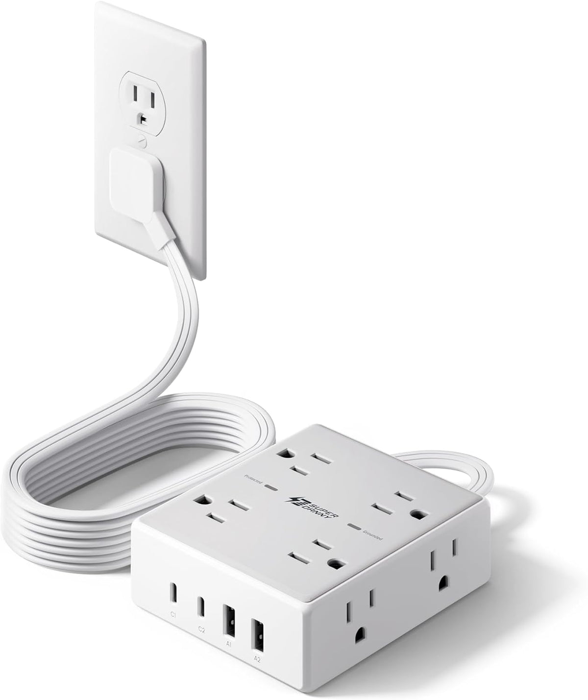 SUPERDANNY Extension Cord,Flat Plug Surge Protector Power Strip,10Ft