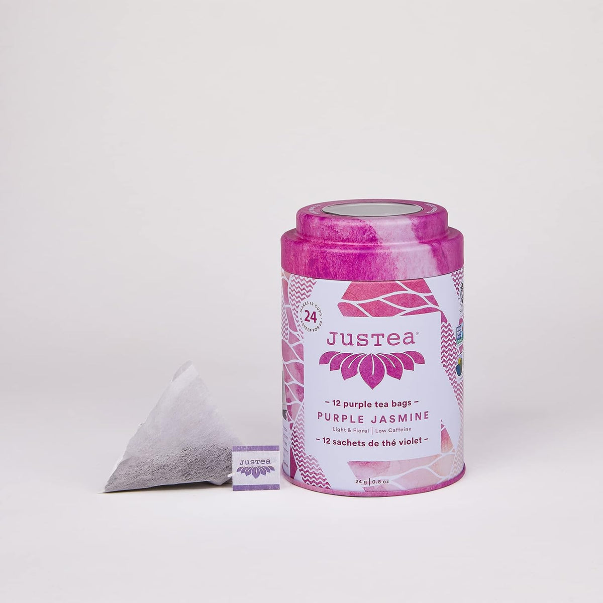 JusTea PURPLE JASMINE Plastic-Free Pyramid Purple Tea Bags, 12+ Cups Tin
