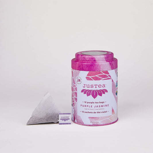 JusTea PURPLE JASMINE Plastic-Free Pyramid Purple Tea Bags, 12+ Cups Tin