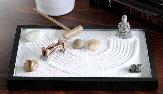 Nature's Mark Mini Zen Garden Kit for Desk with Rake, White Sand, Buddha Figure, Bridge Figure and River Rocks, Black Rectangle Base
