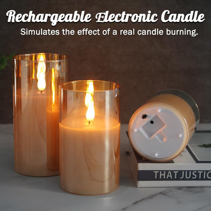 LEDHOLYT Rechargeable Flameless Glass Pillar Candles–Gifts for Women,–Set of 3, Realistic Flickering LED Flame,Remote & Timer, Ideal for Living Room, Bedroom & Halloween Festival Home Party Decor