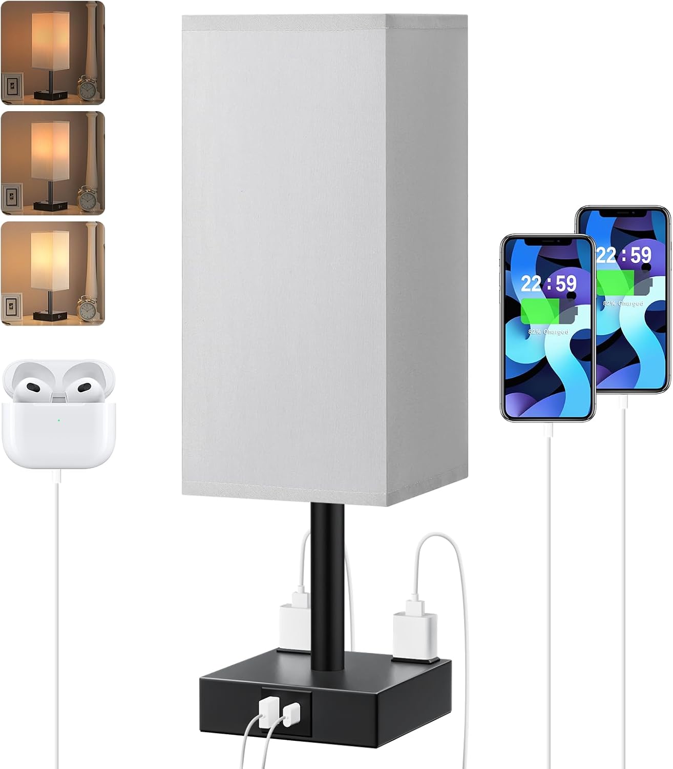 【Upgraded】Bedside Table Lamp Touch Control, with USB C+A Charging Ports & Dual AC Outlets, 3-Way Nightstand Lamp for Bedroom with LampShade Living Room Office(LED Dimmable Bulb Included)