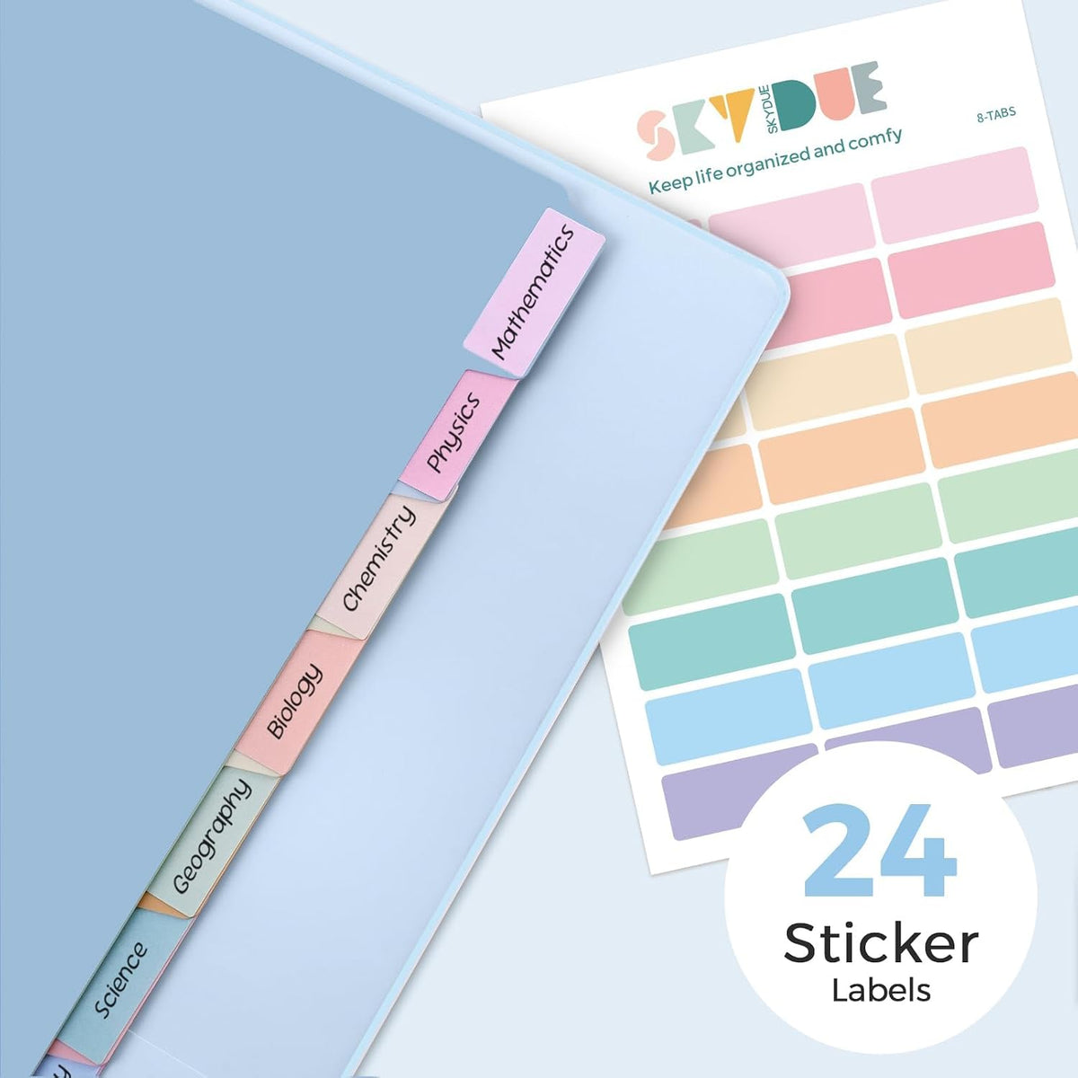 SKYDUE 1 Inch 3 Ring Binder with 8 Tab Dividers & 24 Labels, Pastel Binder Organizer for Letter Size Paper, Aesthetic School Binder for Notes, Documents, Office & Home Organization, Purple
