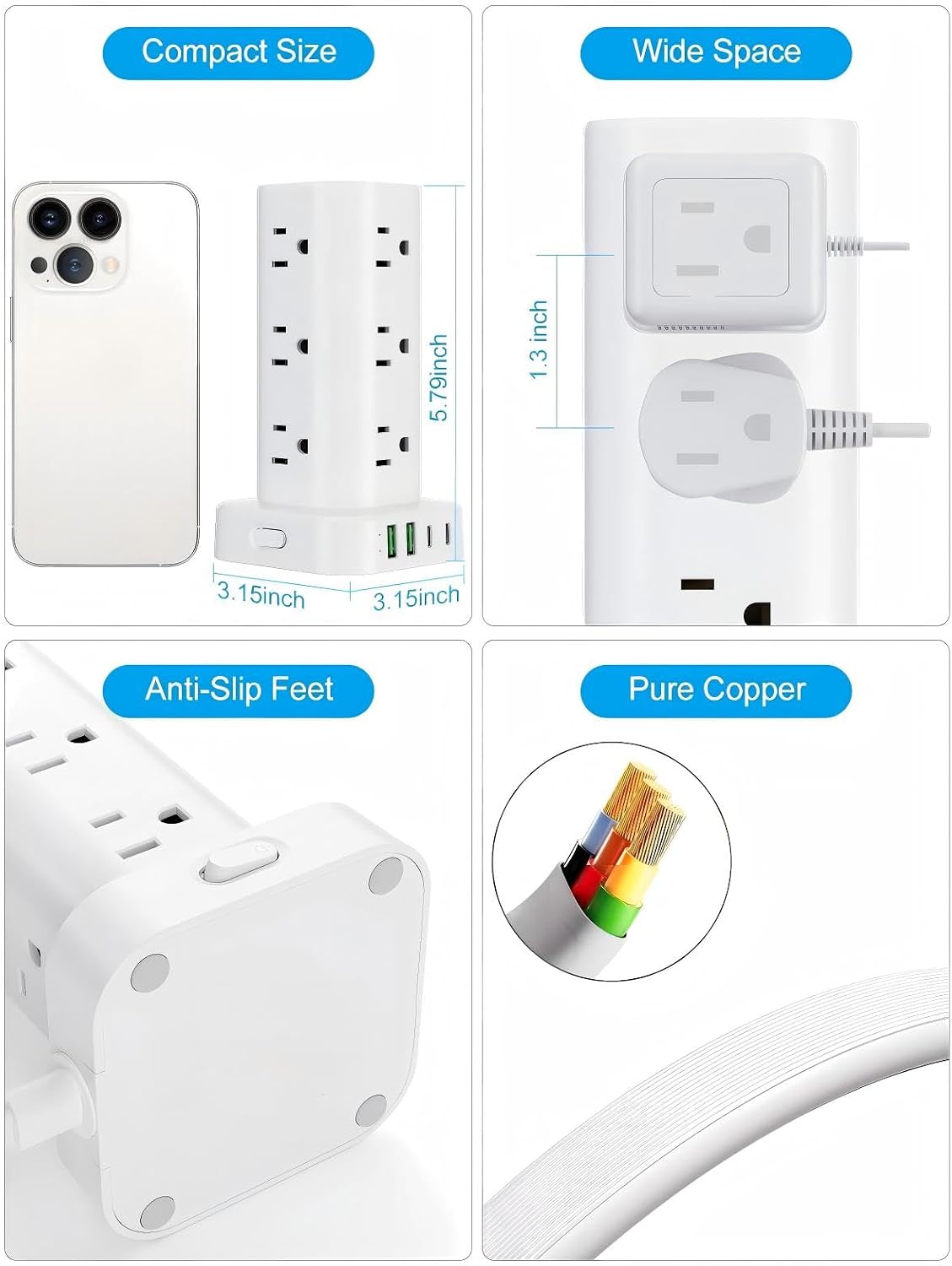 6FT Power Strip Tower Surge Protector, 12 Wide Spaced Outlets, 4 USB