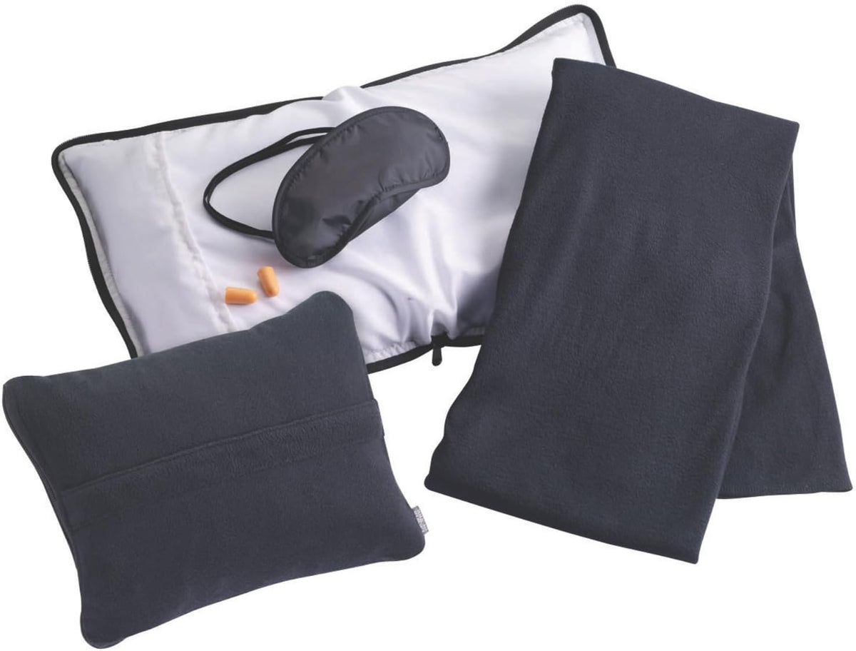 Lewis N. Clark Ultimate Comfort Set + Portable Travel Kit for Airplane, Includes Inflatable Pillow + Zippered Carrying Case, Cozy Fleece Blanket, Eye Mask for Sleeping & Foam Ear Plugs, Black