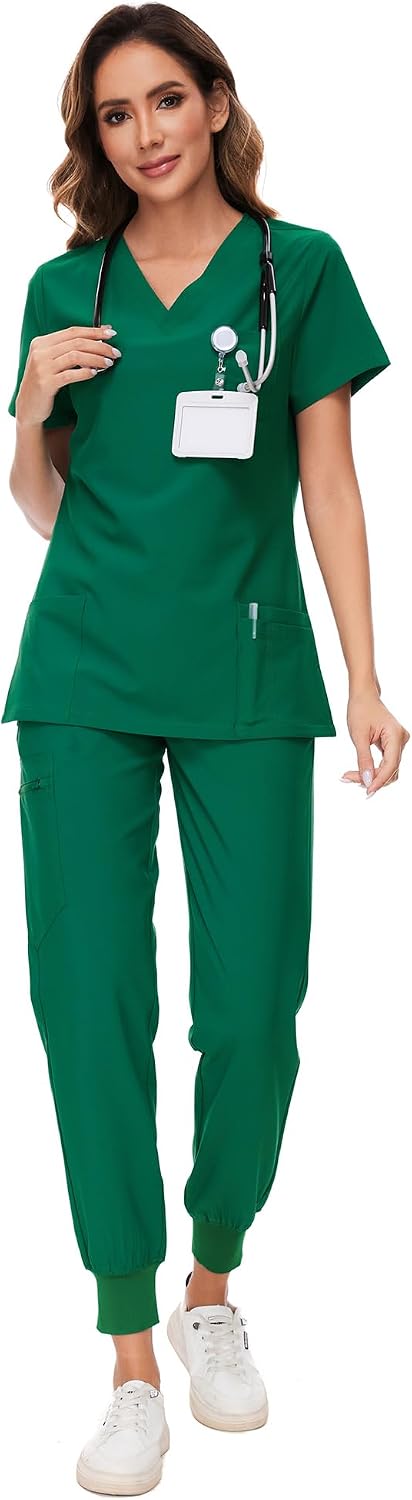 COZYFIT Scrubs for Women Set - Stretch V-Neck Scrub Top & Jogger Pant with 8 Pockets COZY SCRUBS - Colors D