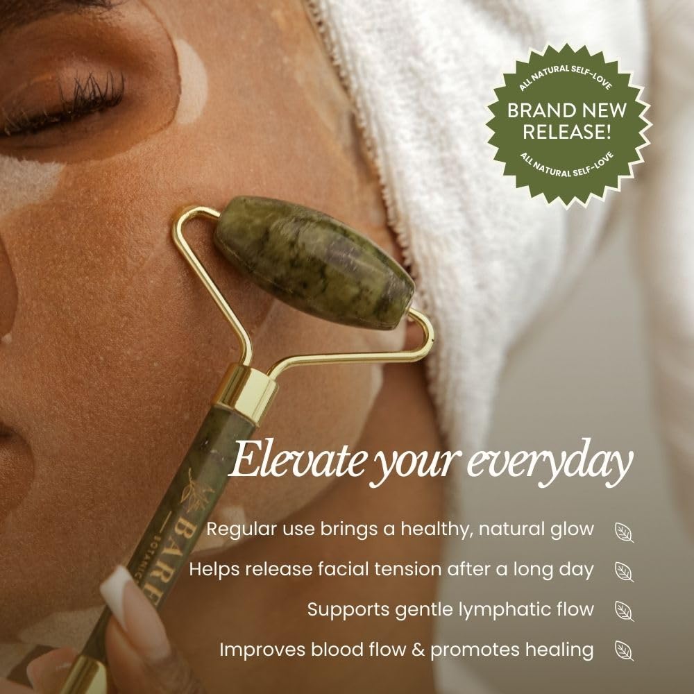 BARE BOTANICS Jade Gua Sha & Face Roller Set | Authentic Jade Facial Tools for Puffiness, Lymphatic Drainage & Glowing Skin | Dual Skincare Depuff Set | Vegan & Cruelty-Free