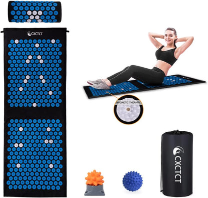 Extra Long Yoga Acupressure Mat Set,Massage Acupuncture Mat Large,Magnetic Mat Acupressure Body mat and Pillow for Neck Back Pain Relief(Grey)