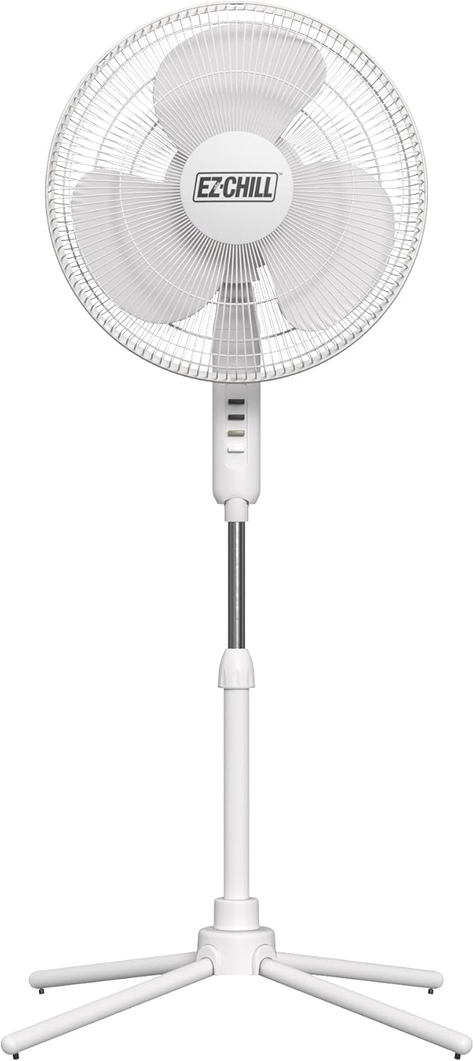 EZ-Chill 16” Oscillating Pedestal Fan, 3-speed Options, 90-Degree Oscillating Head, Adjustable Height and Tilt, Powerful Air Flow, White, MTSP15-16AZ