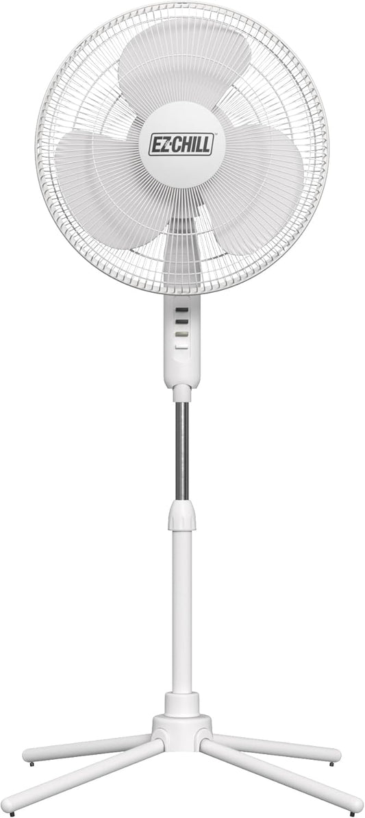 EZ-Chill 16” Oscillating Pedestal Fan, 3-speed Options, 90-Degree Oscillating Head, Adjustable Height and Tilt, Powerful Air Flow, White, MTSP15-16AZ