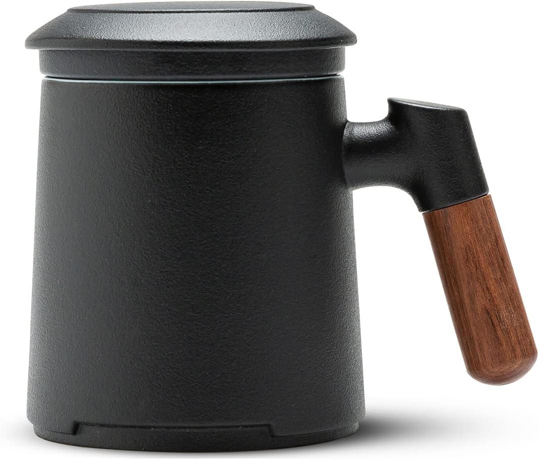 ZENS Embossed Ceramic Tea Mug with Infuser and Lid, 14.5 oz Wooden Handle, Loose Leaf Tea Steeper Cup & Strainer for Tea Lovers Gifts