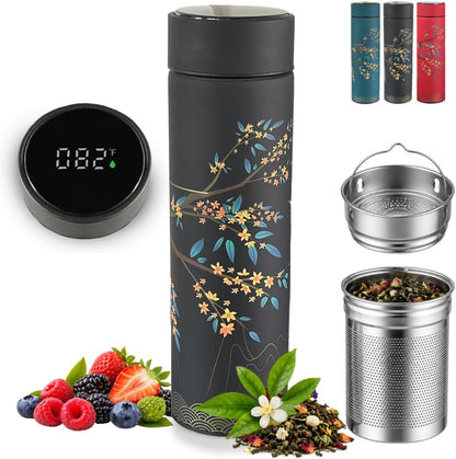 Farasi Tea Infuser for Loose Leaf Tea Smart Water Bottle with Fahrenheit Temperature Display, Stainless Steel Insulated Coffee and Fruit Tea Infuser Bottle - Floral Travel Tea Mugs 15 oz (Black)