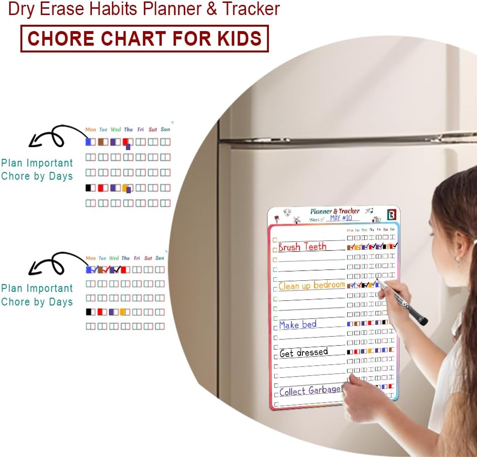 4 PCS Reusable Dry Erase Habit Tracker & Goal Planner |8.3 x 11.7''| with 6 PCS Magnetic Dry Erase Markers, Used as Fitness Planner, Reward, Behavior Chart & Chore Chart for Kids and Adults…