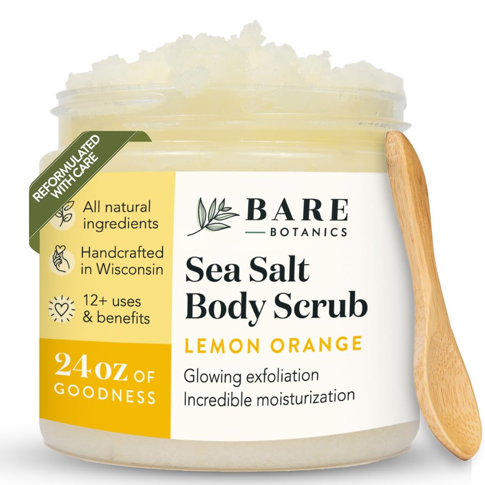 Bare Botanics Coconut Vanilla Body Scrub 24oz | Made in Madison, WI | All Natural Sea Salt Exfoliator w/ Skin Loving Moisturizers | Vegan & Cruelty Free | Gift Ready Packaging w/ a Cute Wooden Spoon