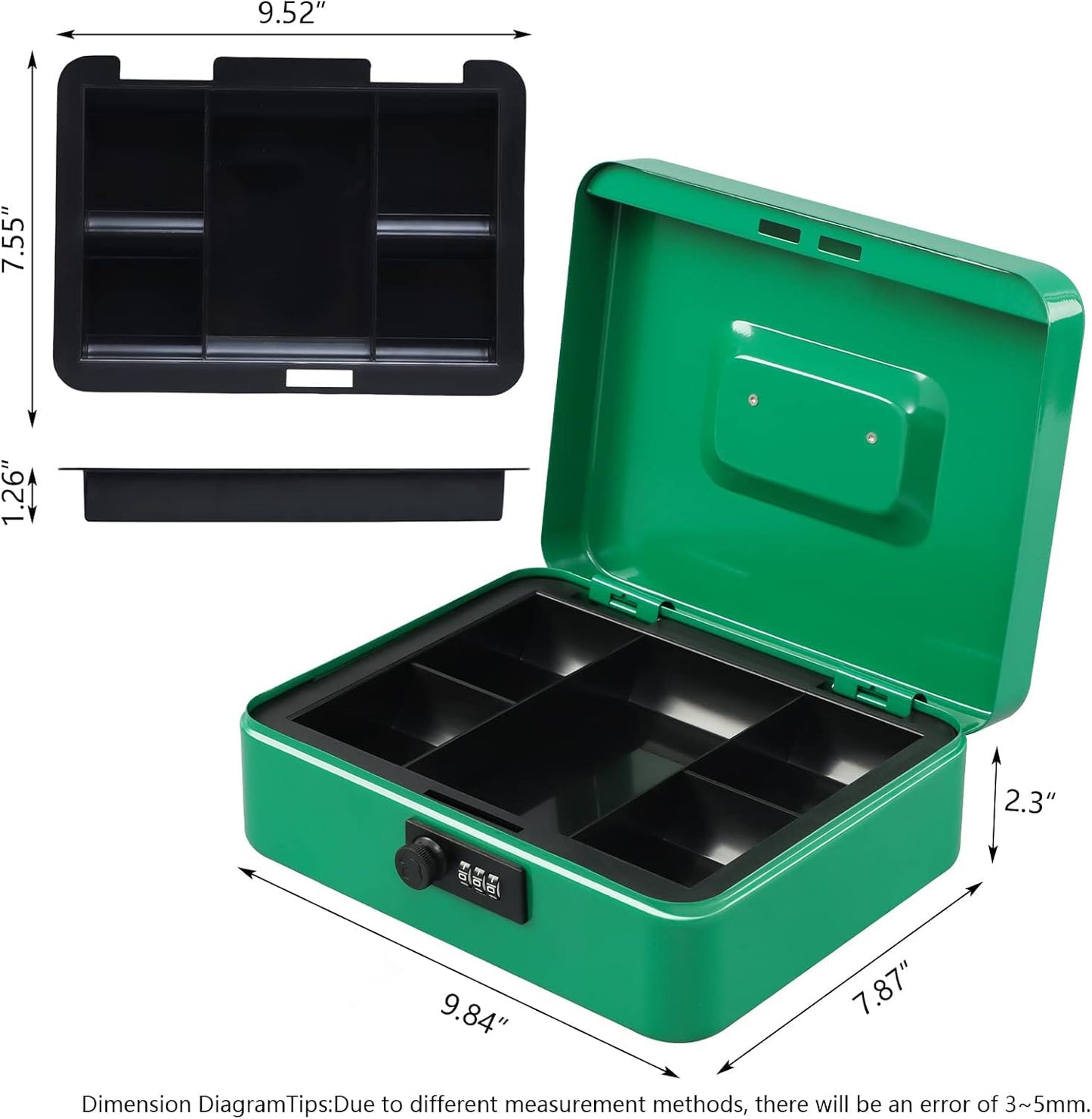 KYODOLED Small Cash Box with Combination Lock & Removable Money Tray, Black