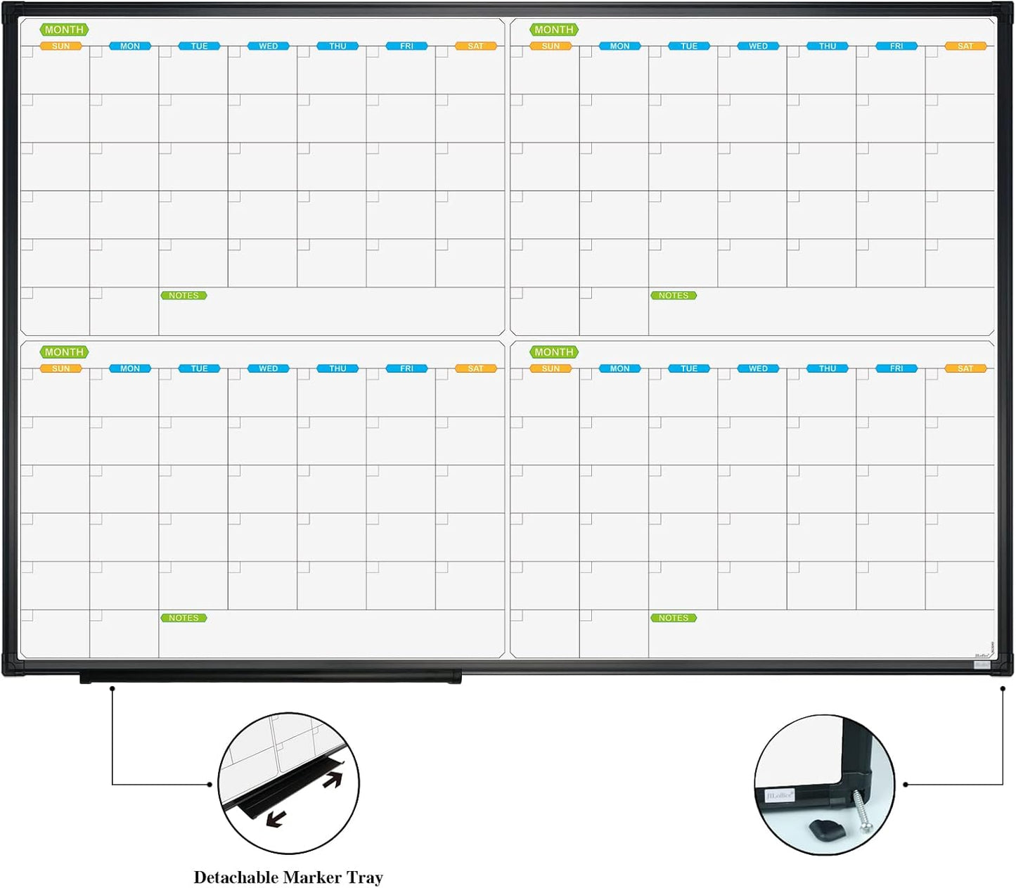 JILoffice Magnetic Dry Erase Calendar Whiteboard, 4 Month White Board Planner 36 X 24 Inch, Black Aluminum Frame Wall Mounted Board for Office Home and School