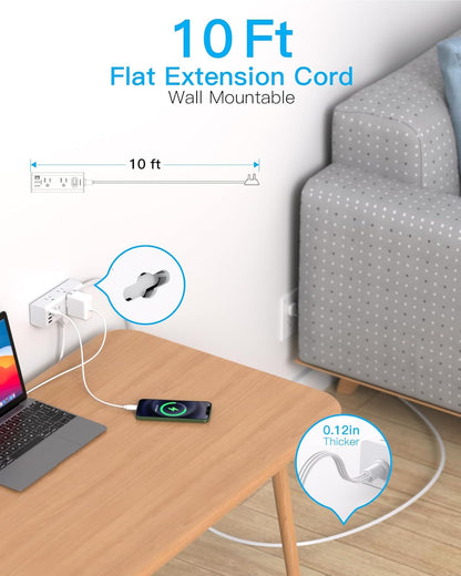 One Beat 10Ft Extension Cord with Multiple Outlets,Flat Plug Power Strip