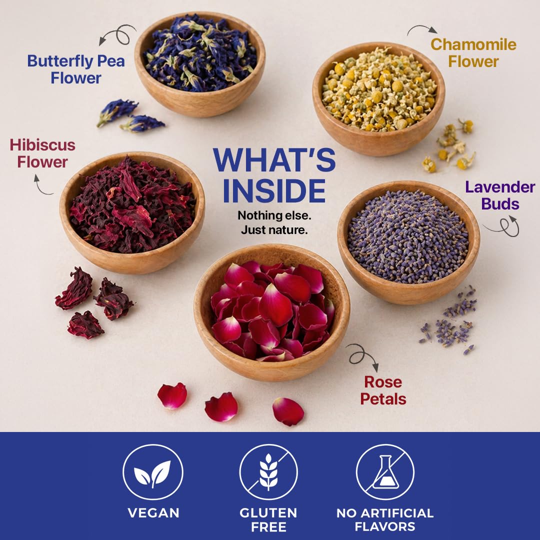 BLUE TEA - Flower Tea Combo - 5.64 Oz (Pack of 5) | Butterfly Pea, Rose, Hibiscus, Chamomile, Lavender | VARIETY PACK | Caffeine Free - Non-Bitter - Herbal Tea - Flower Based | Pet Jar Pack
